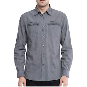 John Varvatos Star Grey Zip Pocket Button Up‎ Shirt, Dark Grey, Size L